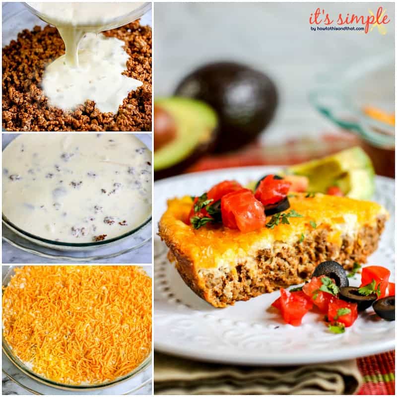 Pouring cream and egg mixture over ground beef in a bowl.