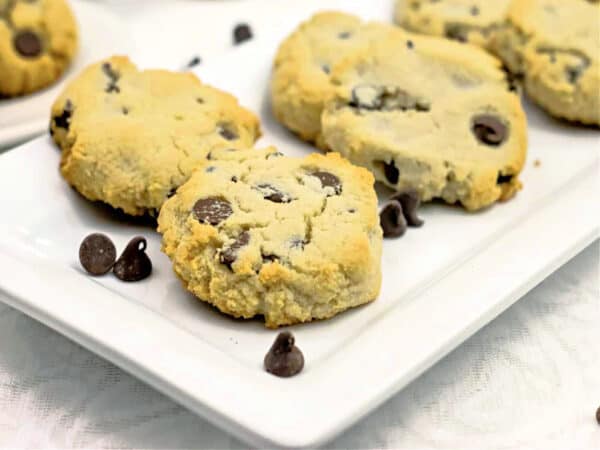 keto low carb chocolate chip cookies on plate.