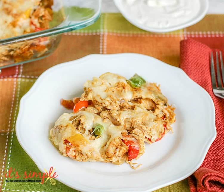 chicken fajita casserole served on a white plate. 