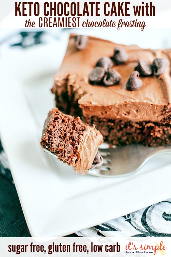 a square piece of keto chocolate cake with chocolate frosting.