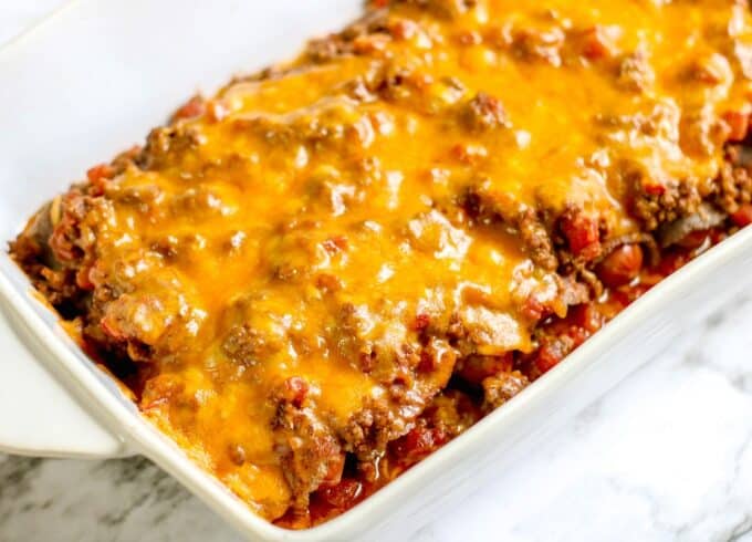 A full rectangle pan of chili dog casserole. 