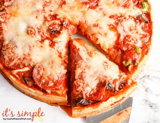 low carb deep dish pizza on a plate. 