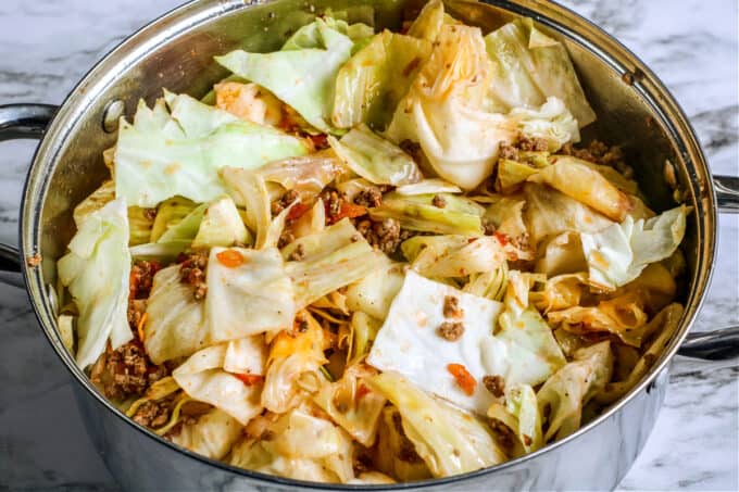 shredded cabbage and ground beef in pot 
