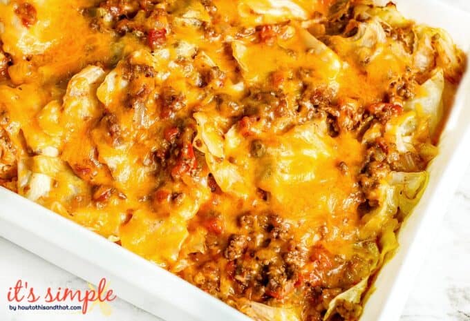 unstuffed cabbage rolls casserole in dish.  