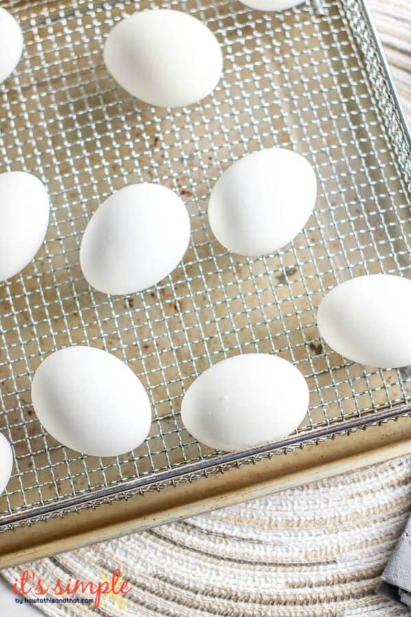 eggs on wire rack over cookie sheet. 