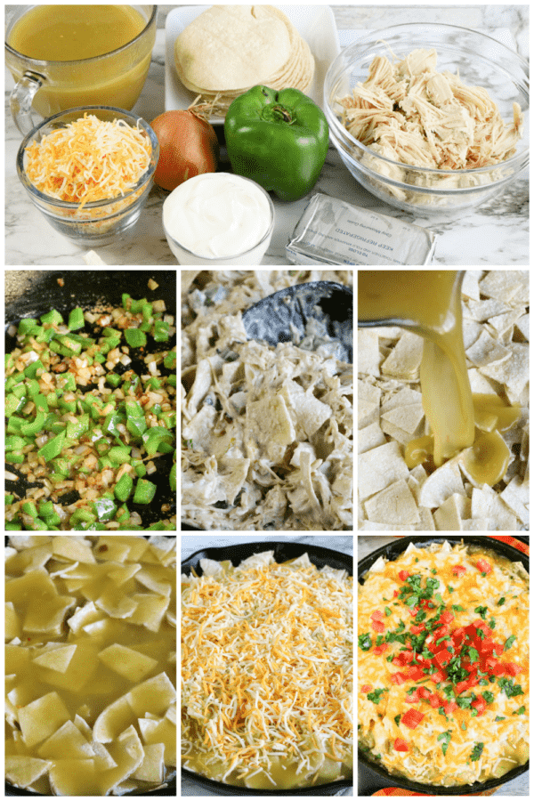 ingredients for green chilies chicken enchilada skillet recipe. 