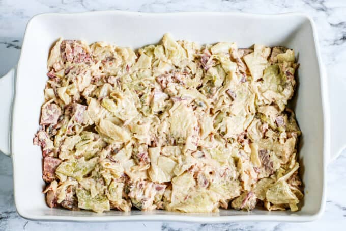 casserole dish with corned beef and cabbage. 