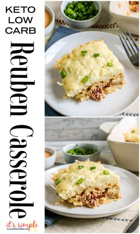 plated serving of corned beef casserole in a collage for pinterest. 