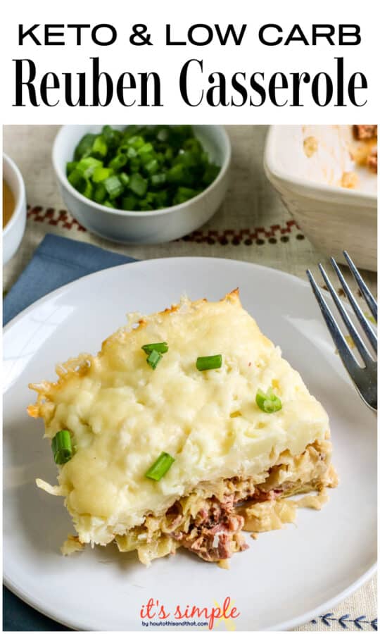 keto reuben casserole recipe on a plate with fork. 