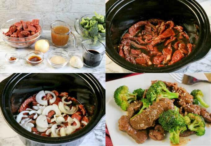 step by step of beef in a slow cooker for keto beef and broccoli.