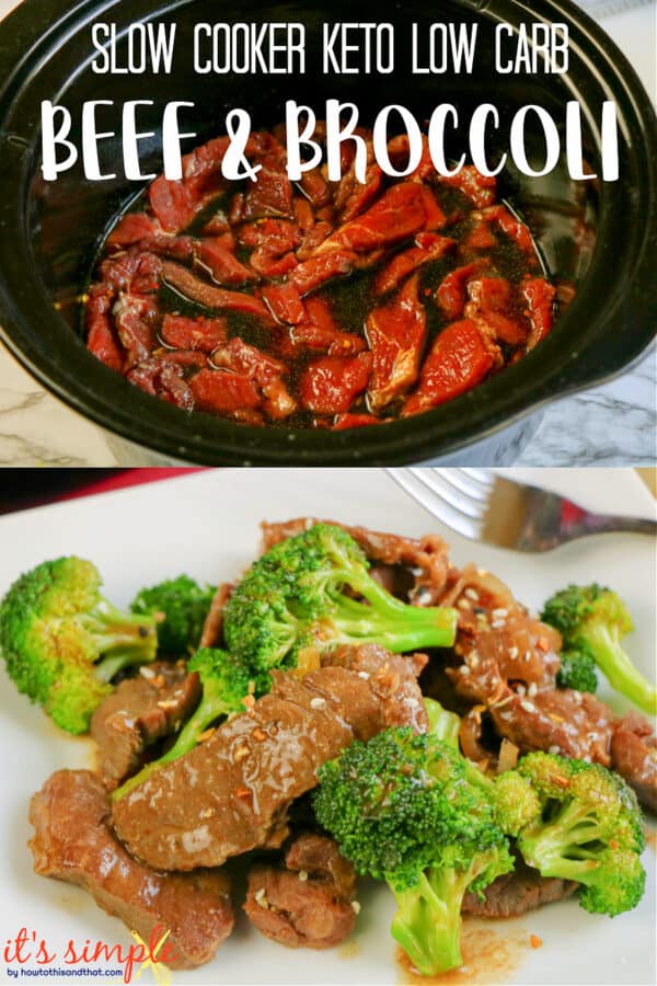 low carb beef and broccoli in a slow cooker and plated. 