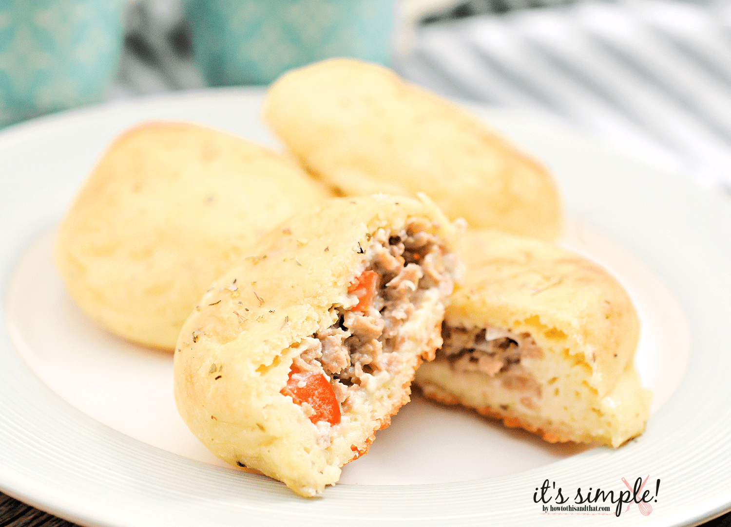 Keto Philly Cheesesteak Pockets in a pile on a plate. 