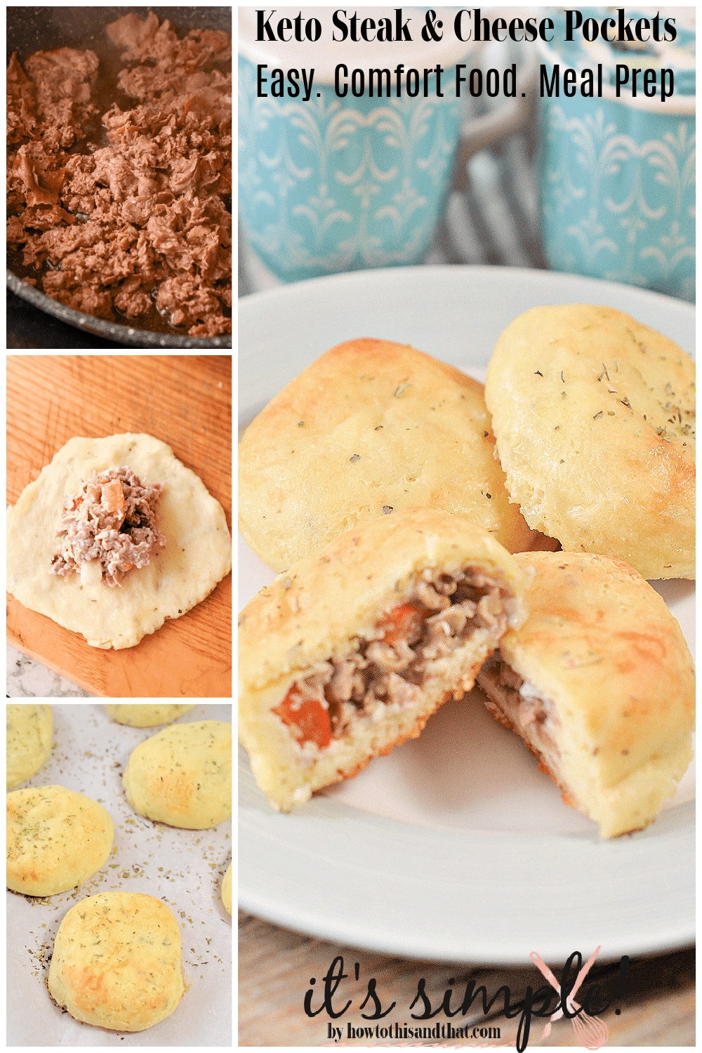 shredded steak in a skillet then stuffed into fathead dough.