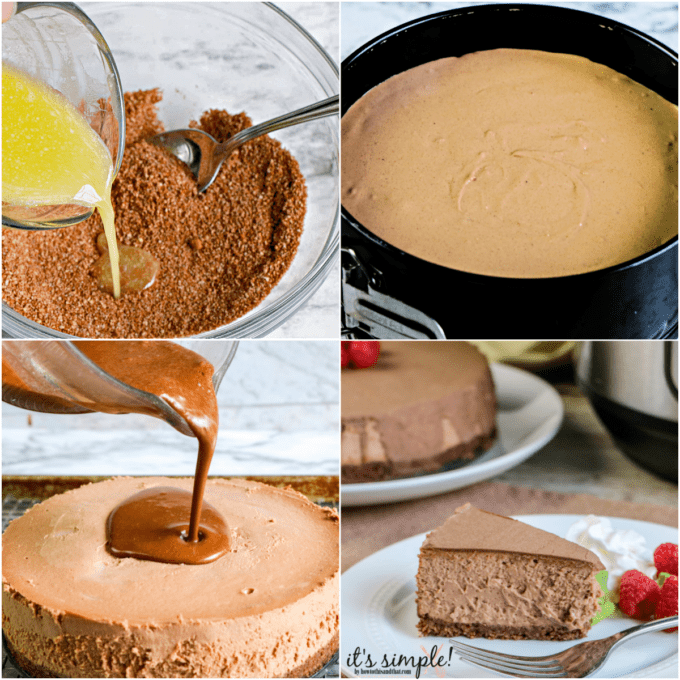chocolate pouring down over a instant pot cheesecake. 