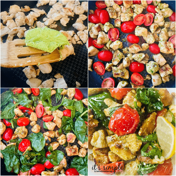 cherry tomatoes, spinach and diced chicken in a skillet. 