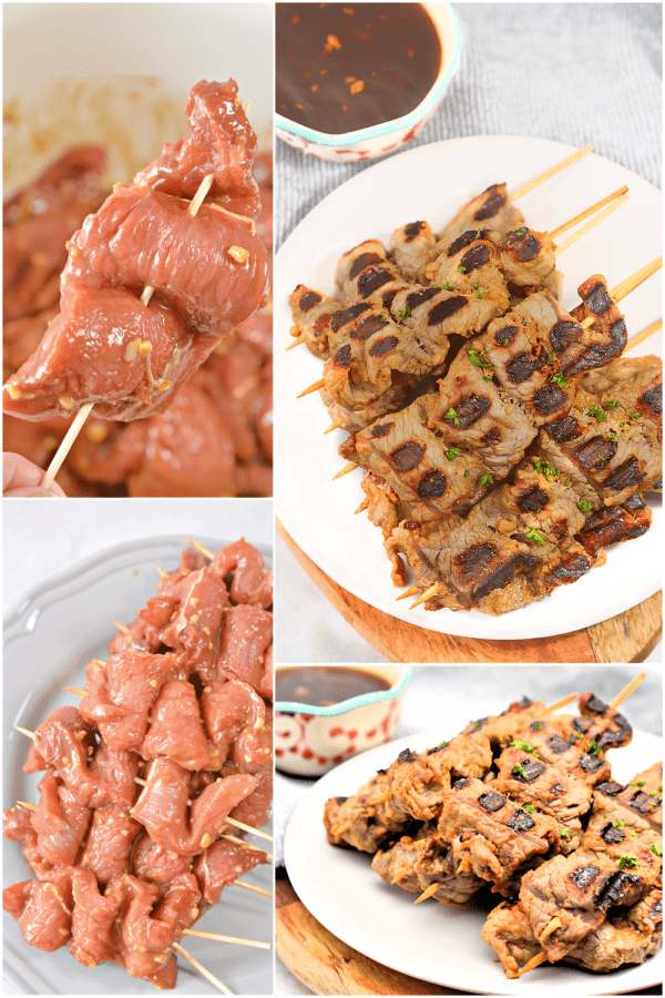 a plate of beef teriyaki skewers cooked and raw.