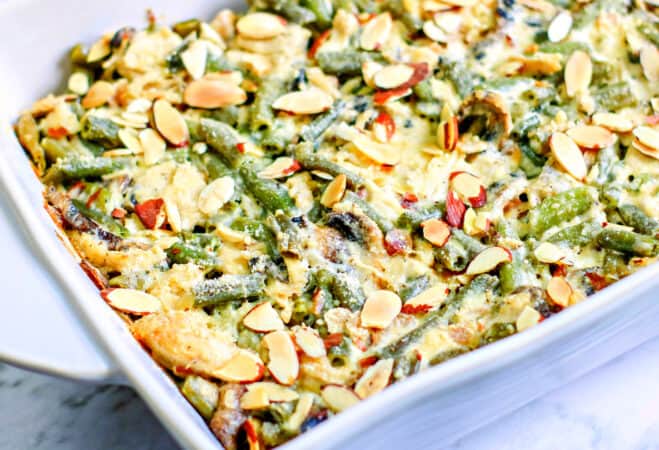 green bean casserole in dish.