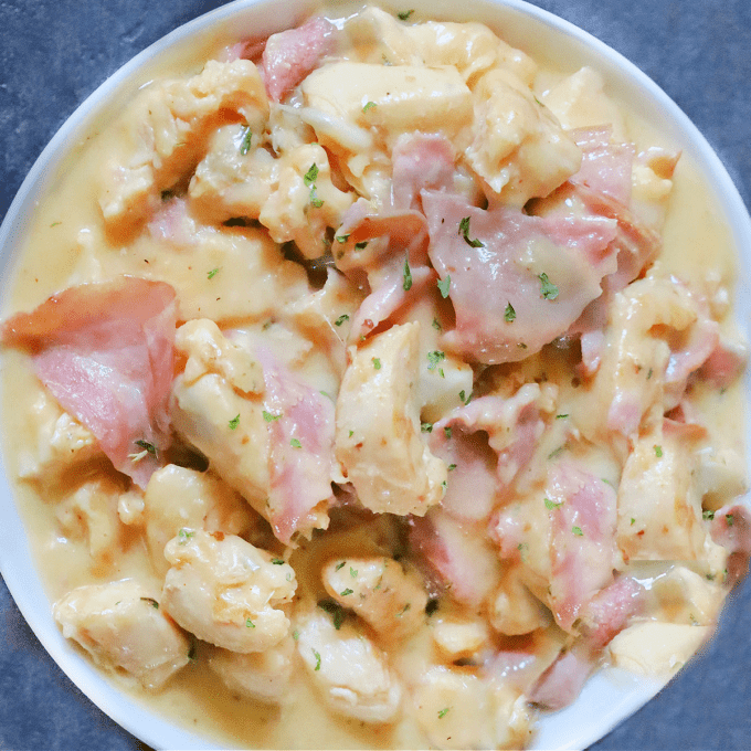 cheesy ham and chicken in bowl.