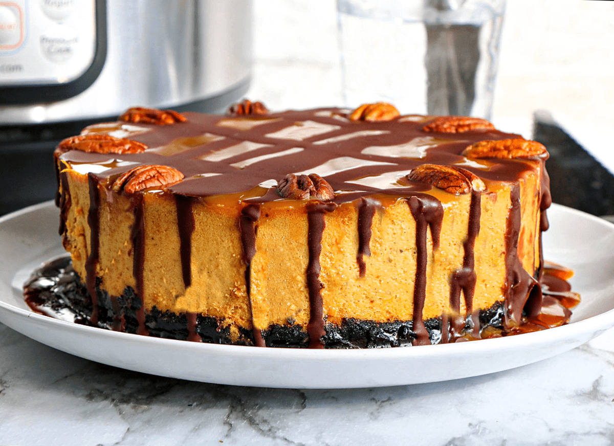 instant pot pumpkin turtle cheesecake on plate.