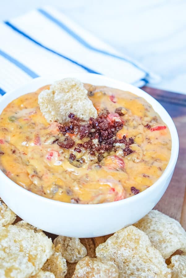 rotel dip with sausage in bowl. 