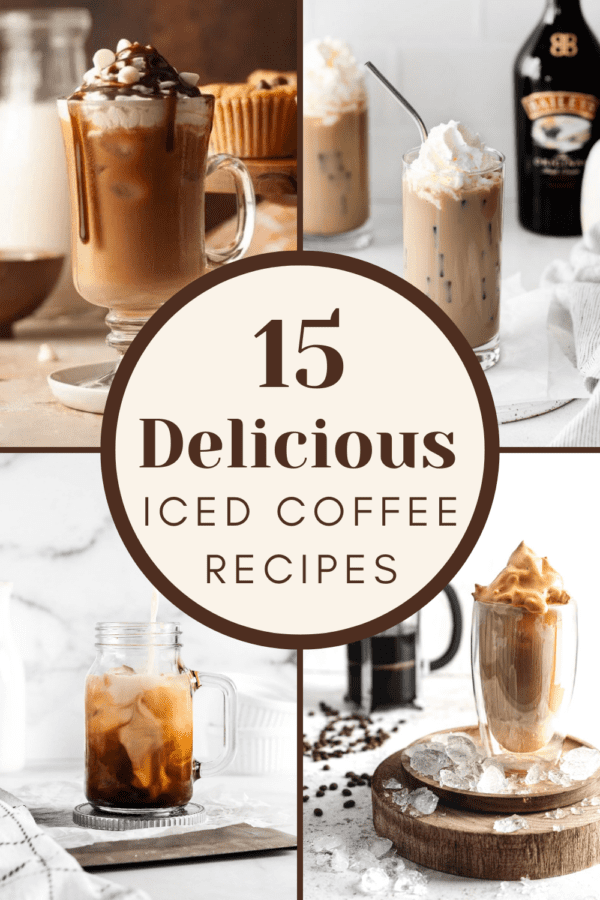 iced coffee in various glasses on countertop