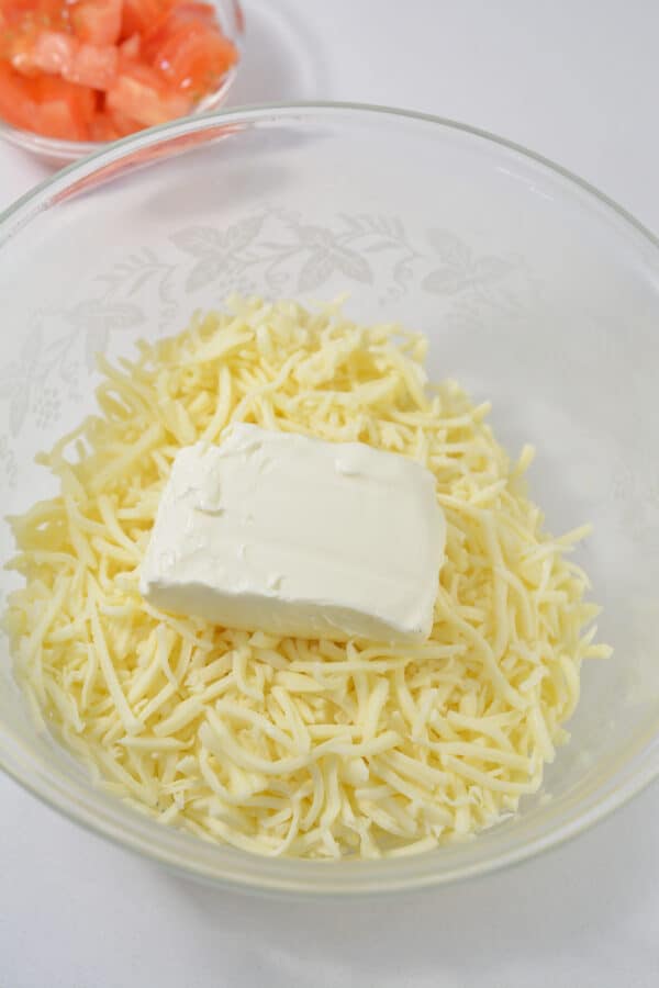 mozzarella and cream cheese in a glass bowl. 