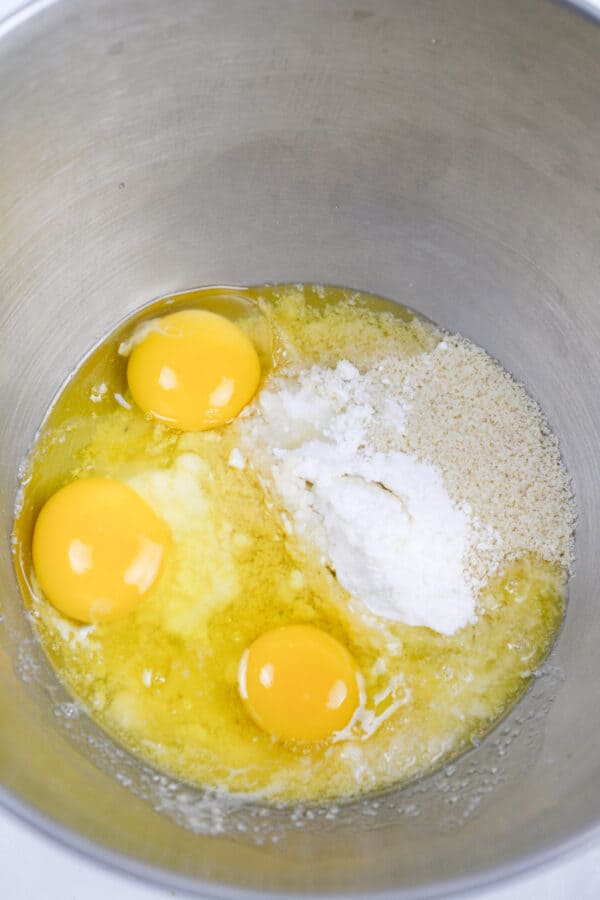 eggs, almond flour, salt, sugar in a mixing bowl.