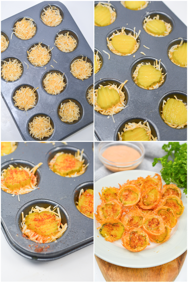 slices of pickles with cheese in muffin pan. 