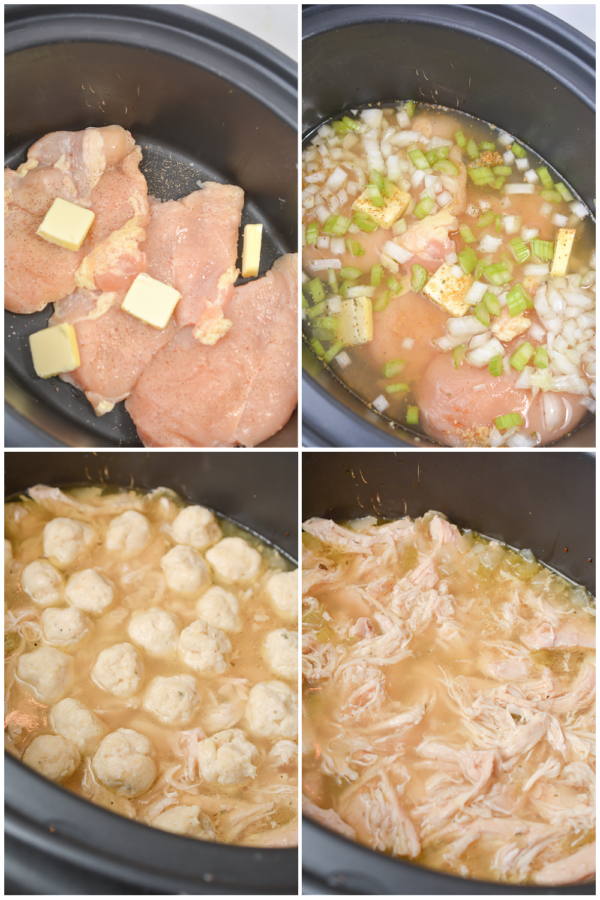 ingredients for chicken and dumplings in a slow cooker. 